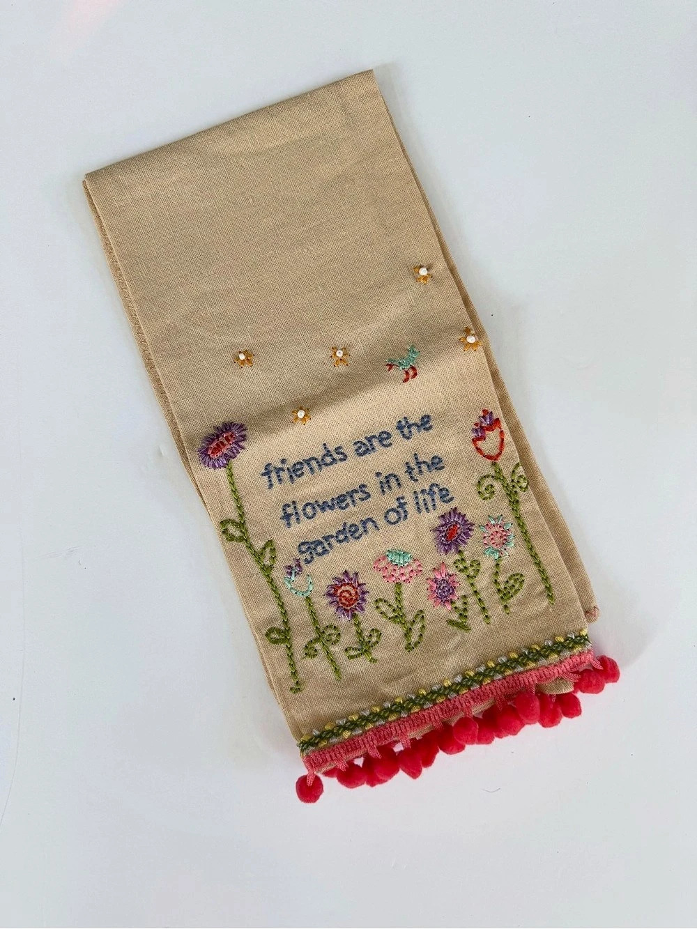 Natural Life Friends Are The Flowers Hand Tea Towel Tan & Coral Embroidery